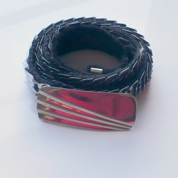 ❤️ Vintage 1970s Silver Stretch Elastic Fish Scale Belt Silver Buckle - Picture 2 of 6